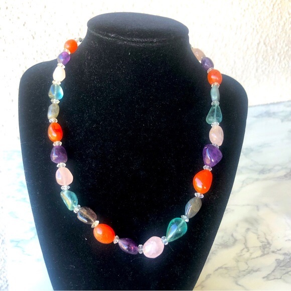 Multi Semi-Precious Stones Necklace 18 Inches long amethyst Rose Quartz like new - Picture 1 of 3